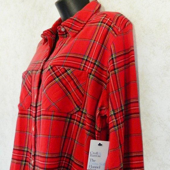 Ladies Croft & Barrow Red Plaid Extra Soft Flannel Soft Button Down Shirt Large - Picture 3 of 13